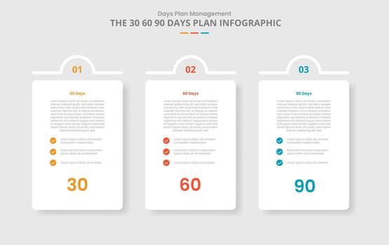30 60 90 days management framework for infographic with drop shadow style with vertical box with half circle top badge with 3 point list information vector