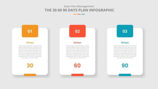 30 60 90 days management framework for infographic with drop shadow style with vertical round box with badge on header with 3 point list information vector