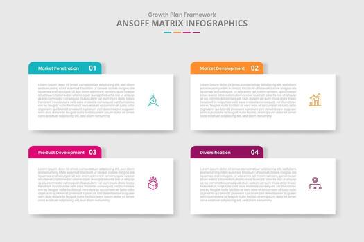 ansoff matrix for infographic with drop shadow style with rectangle box with round header badge with 4 point list information vector