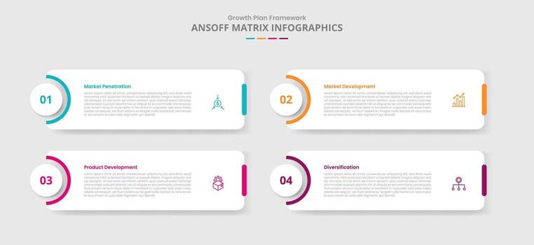 ansoff matrix for infographic with drop shadow style with round box and circle badge on left cutting shape with 4 point list information vector