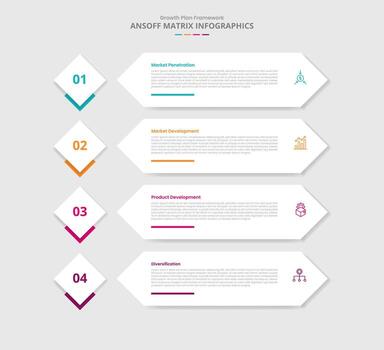 ansoff matrix for infographic with drop shadow style with diamond badge and long arrow rectangle on stacked list with 4 point list information vector