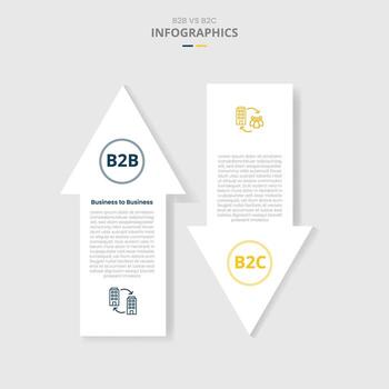 B2B vs B2C comparison for infographic with drop shadow style with big arrow top and bottom direction opposite two point list information vector