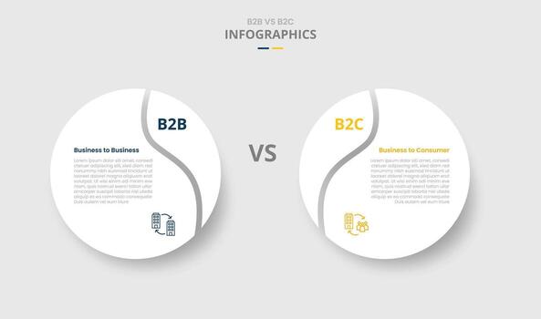 B2B vs B2C comparison for infographic with drop shadow style with big circle with swirl edge slice two point list information vector