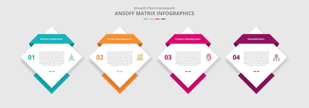 ansoff matriz para infografía con soltar sombra estilo con diamante forma con cinta encabezamiento Insignia con 4 4 punto lista información vector