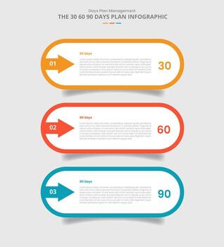 30 60 90 days management framework for infographic with drop shadow style with round rectangle box with arrow stacked with 3 point list information vector