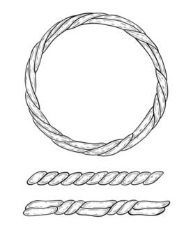 set of a braided wreath and braided rope. graphics, hand-drawn illustrations. Drawing of a grapevine wreath, rope, and vine braid. Design and layout, ink drawing, line drawing. vector