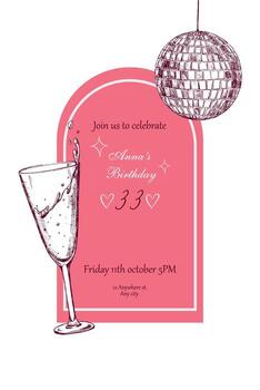 A stylish birthday invitation template in vertical format with a text box, a rounded border, and hand-drawn illustrations. The text is not editable and is provided for reference only. vector