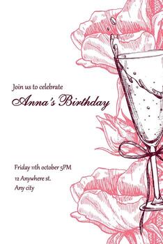 A stylish birthday invitation template in vertical format with a text box and hand-drawn illustrations of a wine glass and flowers. The text is not editable and is provided for reference only. vector