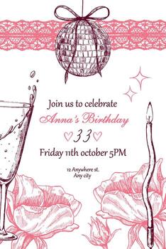 A stylish birthday invitation template in vertical format with a text box and hand-drawn illustrations. The text is not editable. vector