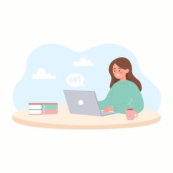Online learning girl with laptop. Remote study at home. Student working on computer. vector