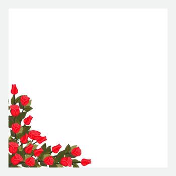 A square frame adorned with a decorative corner of bright red roses on a stem in the lower left corner. vector
