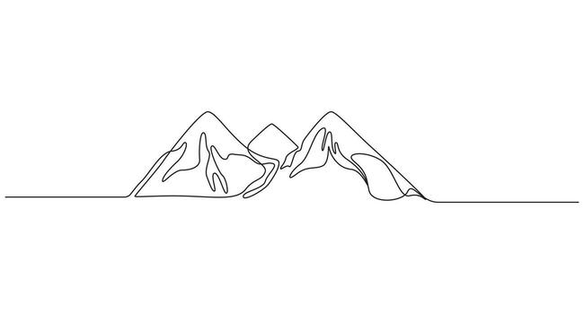 One continuous line art drawing of mountain range landscape,Continuous Line Mountain Range Drawing , vector