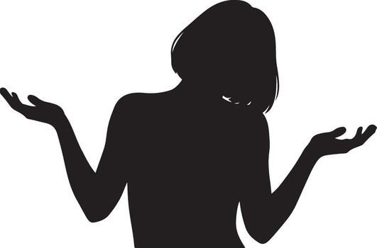Silhouette of a woman shrugging expressing doubt uncertainty or questioning with arms raised in front view on vector