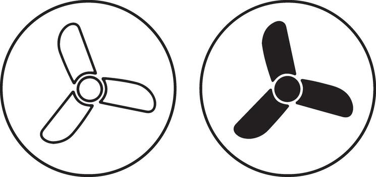 Two fan icons side by side one outline and one solid black showing three blades rotating in a circle for cooling air movement symbols vector