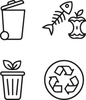 Minimalist ecology and recycling line icons garbage bin, apple core, fish bone, compost, and universal circular chasing arrows symbol. vector
