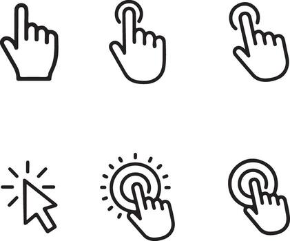 Set of line icons depicting hand cursor, clicking, finger tapping, touch screen interaction, pointer, and selection actions for ui design interface. vector