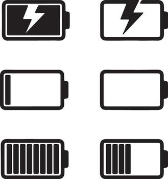 Set of battery charging icons showing different levels of power full to empty with lightning bolt symbol indicating energy charge vector
