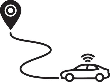 Autonomous vehicle navigation icon showing a car following a route from a map pin with wireless signal symbol vector