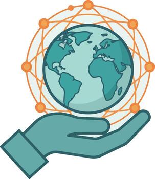 Hand cradles stylized globe connected by network of dots and lines, symbolizing global connectivity and communication. vector