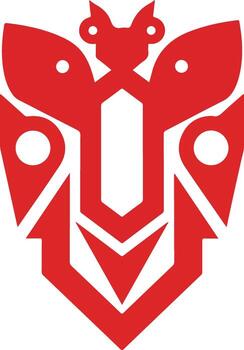 Red abstract futuristic geometric symbol with angular lines and circular elements on a white background. vector