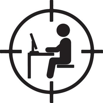 Person at computer in target reticle symbol representing surveillance or cybercrime. vector