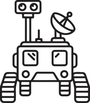 Black line icon drawing of robotic mars exploration rover with satellite dish and sensor mast on a white background . vector