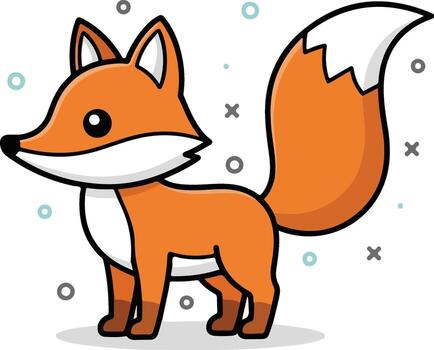 Cute cartoon fox with a bushy tail and pointy ears, illustrated in a simple, charming style with playful background elements vector