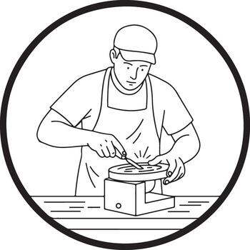 A professional craftsman or worker wearing an apron and cap, sharpening a knife blade on a rotating grinding wheel machine, monochrome line art illustration icon in circular frame. vector