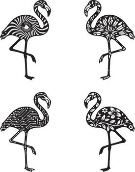 Four stylized flamingo silhouettes, each featuring a unique intricate pattern, set against a clean white background. vector