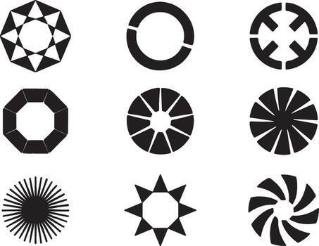 Collection of nine abstract geometric shapes, circular and star-like patterns, black and white graphics vector