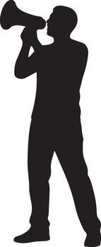 Silhouette of a person speaking into a megaphone, conveying a message loudly, actively communicating with an audience vector