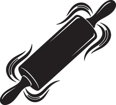 Silhouette of a rolling pin with stylized curved lines suggesting movement or preparation for baking, graphic illustration. vector