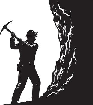 Silhouette of a miner wearing a helmet with a headlamp, striking a rocky surface with a pickaxe, emphasizing hard work and resource extraction in a dangerous environment vector