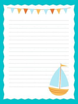 un linda página modelo para notas presentando un pequeño barco y un guirnalda de banderas Perfecto para cuadernos, diarios, y diarios vector