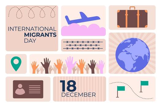 Bento-style illustration for International Migrants Day with raised hands, globe, suitcase, airplane, and symbols of migration, unity, and human rights. vector