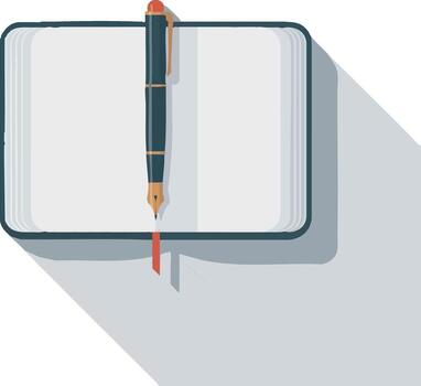 Open notebook with a dark colored pen resting on the blank pages vector