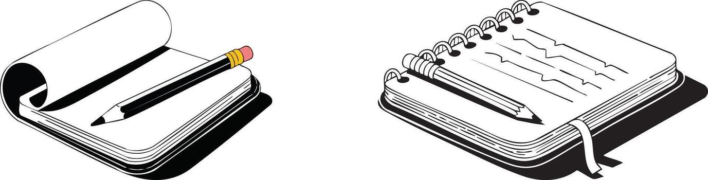 Open notebook with pencil and spiral bound notepad illustration vector