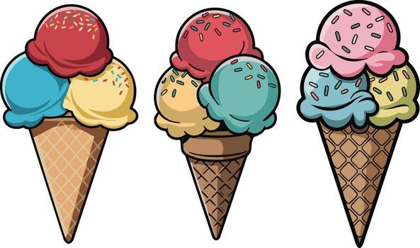 Three colorful ice cream cones with multiple scoops a sweet treat vector