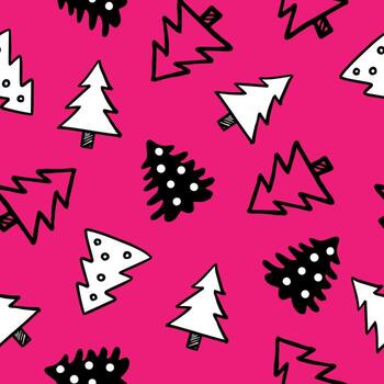 Seamless pattern with Christmas trees in doodle style on a pink background vector
