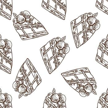 Hand drawn seamless pattern of layered cake slice with berries and leaves on top in monochrome brown style vector