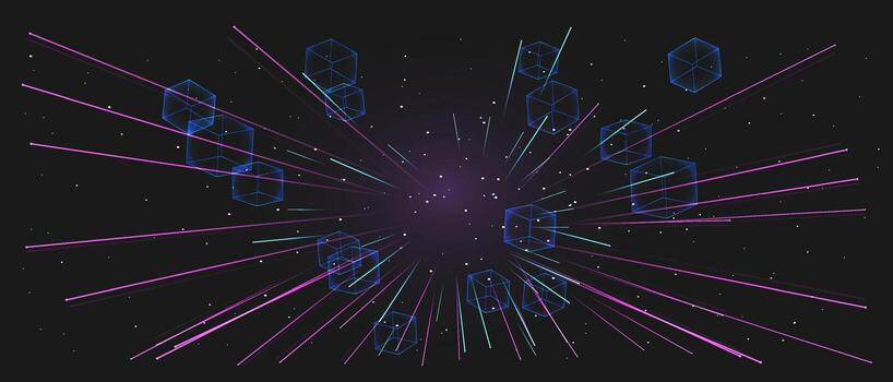 Vibrant abstract digital art showcasing cosmic patterns and glowing shapes against a dark background. vector