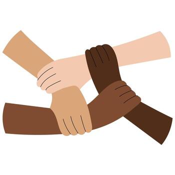 Flat style illustration of four diverse hands holding each other in a circle, symbolizing unity, support, friendship and equality. Multicultural teamwork and community concept. vector