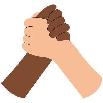 Flat style illustration of two people with different skin tones shaking hands, symbolizing diversity, partnership, unity and mutual respect. Cooperation and equality concept. vector