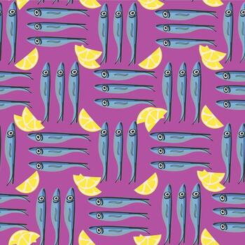Seamless pattern with fish and lemon slices on pink background seafood vector