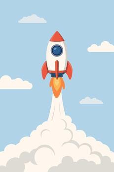 A rocket launch into the day sky with clouds leaving a trail of fire vector