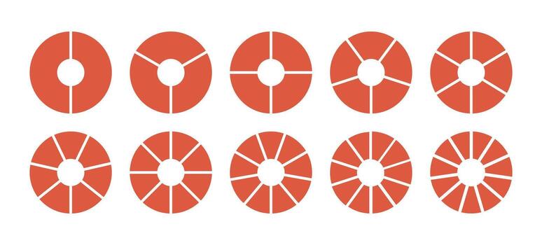 Infographic circle division on from 2 to 11 equal parts. Wheel round divided diagrams with from two to eleven segments. Coaching tool blank templates. Red segmented pinwheel. Flat progress icons. vector