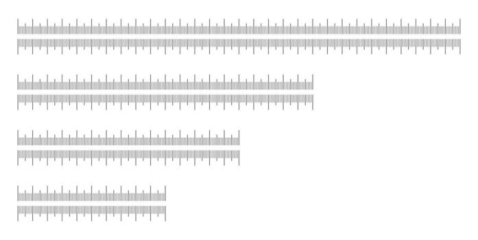 Chart 10, 15, 20, 30 centimeters. Metric ruler icons. Scales for ruler in centimeters. Set of metrics indicators cm. Measuring scale flat templates. Length, height, distance, sewing, measuring tools. vector