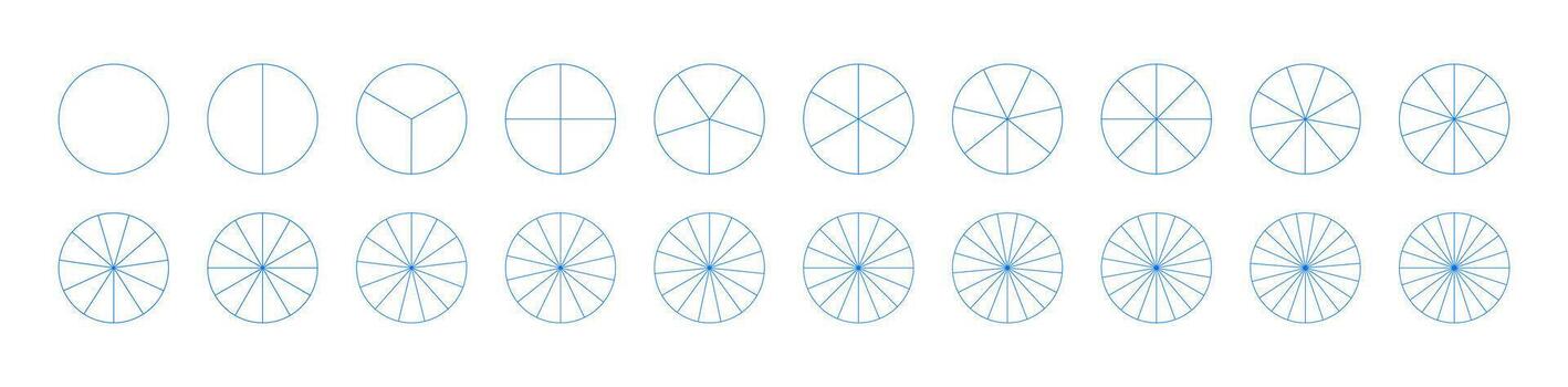 tarta, Pizza cartas colocar. segmentario plano azul cartas muchos número de sectores dividir el circulo en desde 1 a 20 igual partes. segmentos sencillo infografía iconos diagrama rueda partes modelo. vector