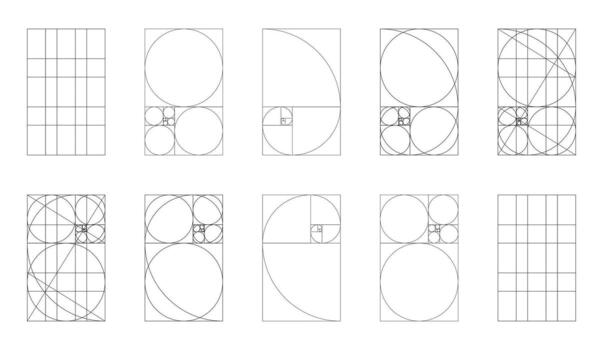 Golden ratio simple template. Fibonacci array, numbers forms. Big set of golden section method samples. Harmony proportions thin black frames. Outline graphic flat illustration on white background. vector
