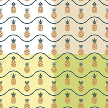 Set of seamless patterns with juicy pineapple and wave lines vector